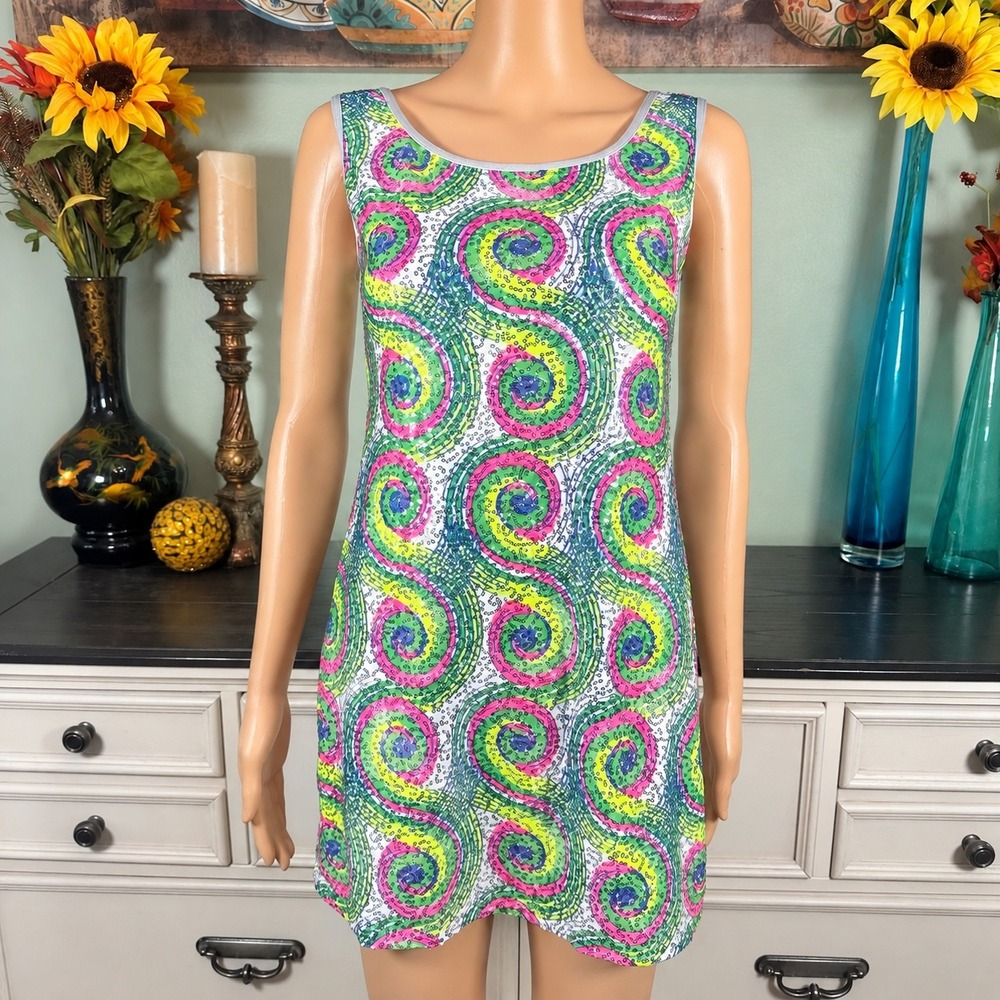 Double Platinum Performancewear Dress Sequin Swirl Y2K Retro Dance Costume Neon